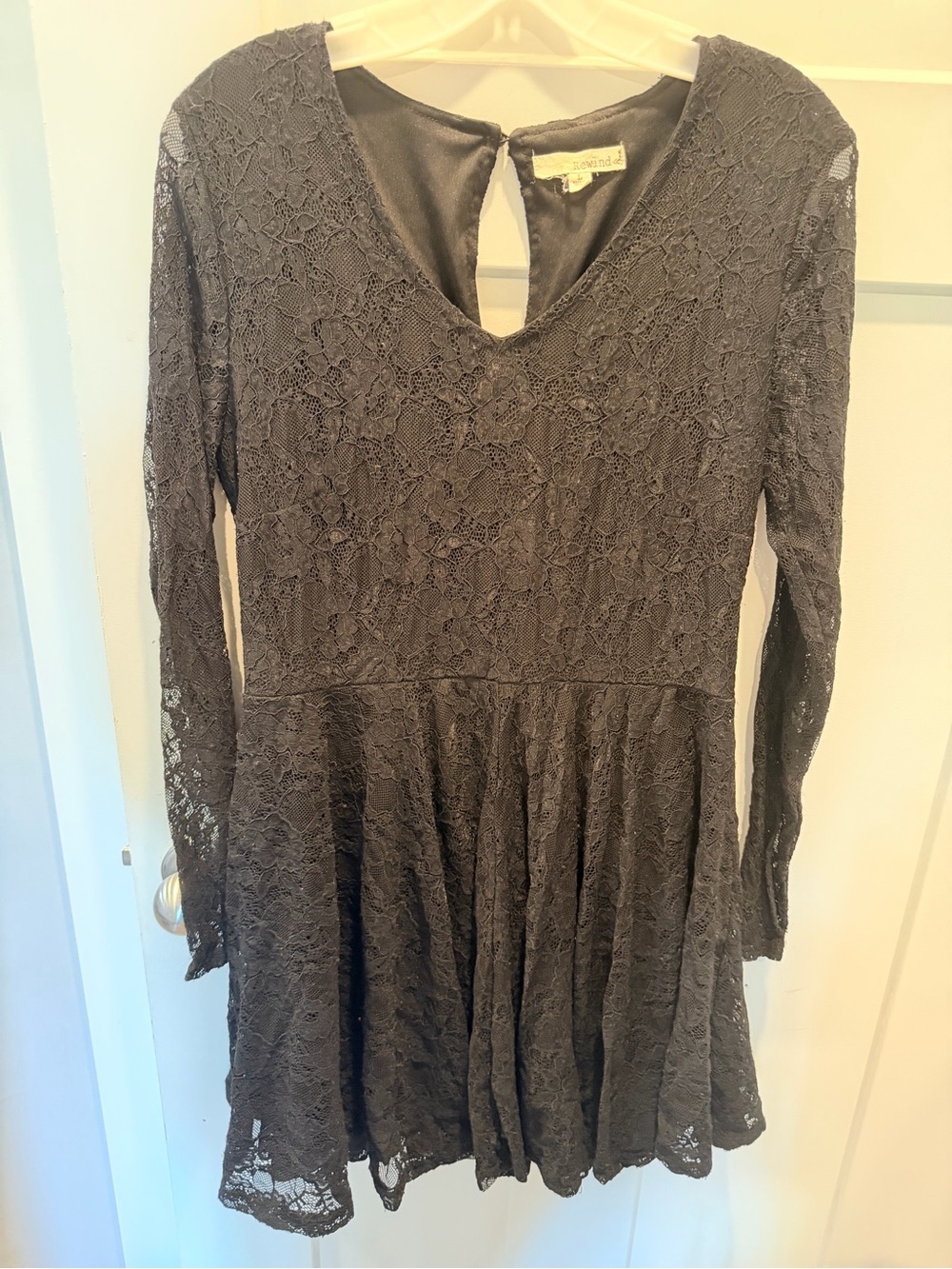 Rewind Black Lace Fit Flare Dress Large Long Sleeve Skater Cocktail Dress